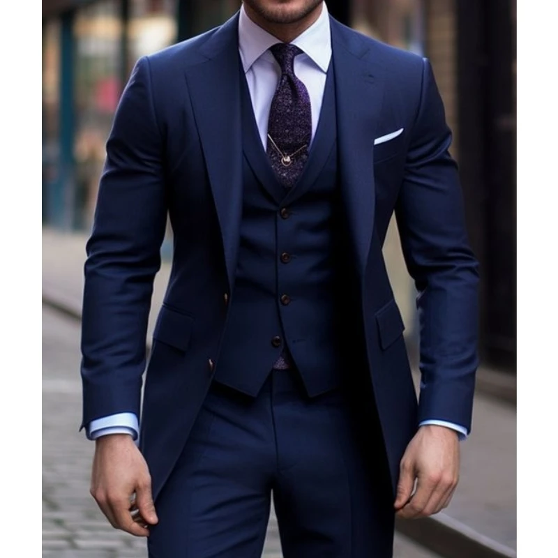 Navy Blue 3 Pieces Casual Male - Men Formal Wear With Blazer avaliação e preço
