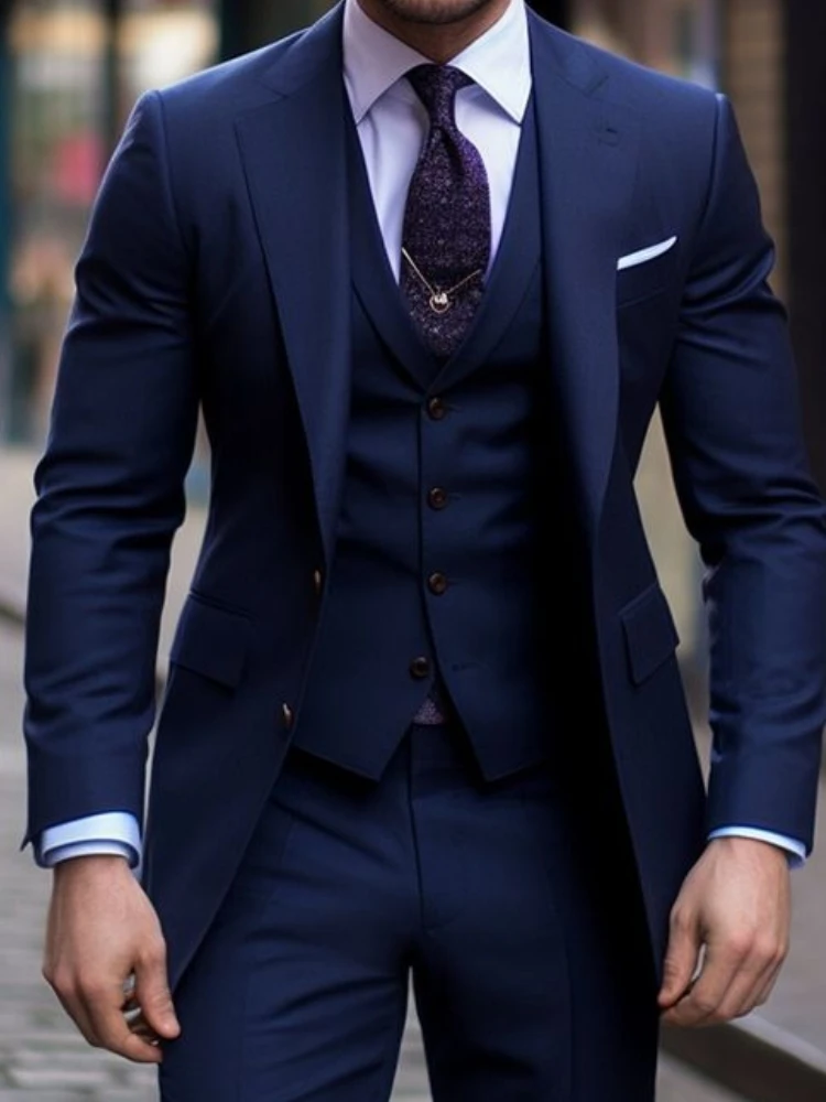 Navy Blue 3 Pieces Casual Male - Men Formal Wear With Blazer avaliação e preço